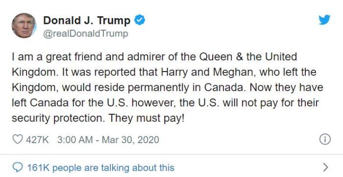 US President Trump posted on social media that he would not pay security fees for Harry and Megan. (Image taken from Trump social media)